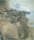 Painting by Michael Andrews depicting a large sweeping view of the Thames estuary, lot of browns, figures with a rowing boat centre left.