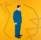 A painting by Patrick Caulfield depciting a dour faced man wearing a blue suit against a yellow background