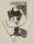 A black and white lithograph depicting a stylised table and lamp with the word 