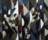 Painting by William Gear showing abstract forms in predominately dark grey, black, blue and white forms