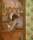 A painting by Harold Gilman showing a woman through a doorway, bent over her shopping list.