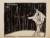 Black and white print by Jessica Dismorr depicting a female dancer wearing flowing robes dancing in front a heavy black curtain.