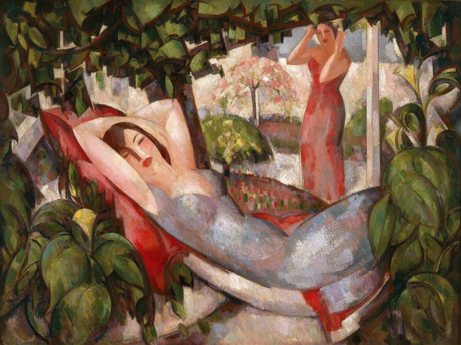 A woman wearing a pale blue dress lounges in a chair outside, surrounded by lush green leaves. Another woman in a red dress stands in the background.