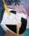 Painting by Gino Severini in cubist style with geometric shapes and patterns. Depicts a full length view of a dancer performing the Can-Can, wearing yellow hose and white petticoats.