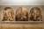 Photograph showing three arched panels containing murals by Stanley Spencer showing scenes from the First World War: the left panel shows soldiers making or repairing equipment, the middle panel shpws injured men shrouded in mosquito netting as they are tended and the right hand panel shows a group of men and women repairing a wall.