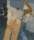 Painting by Keith Vaughan of a semi-abstract human figure with both arms painted in brown and grey tones against an abstract background in blue, grey and white tones.