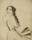 Etching depicting a woman with long dark hair in a braid and wearing a dress with a band of cloth tied across her waist and flowing behind her. Her body faces to the left but her head is turned out to the viewer with her hands raised and a sorrowful expression on her face.