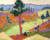 Painting by Jessica Dismorr depicting a countryside scene with a lone tree in the foreground and two people walking away from it. The colours are bright and flat.
