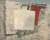 Painting of a still life featuring a bottle of talcum powder rendered in a simple flat shape. Behind it to the right of the canvas is a burgundy square.