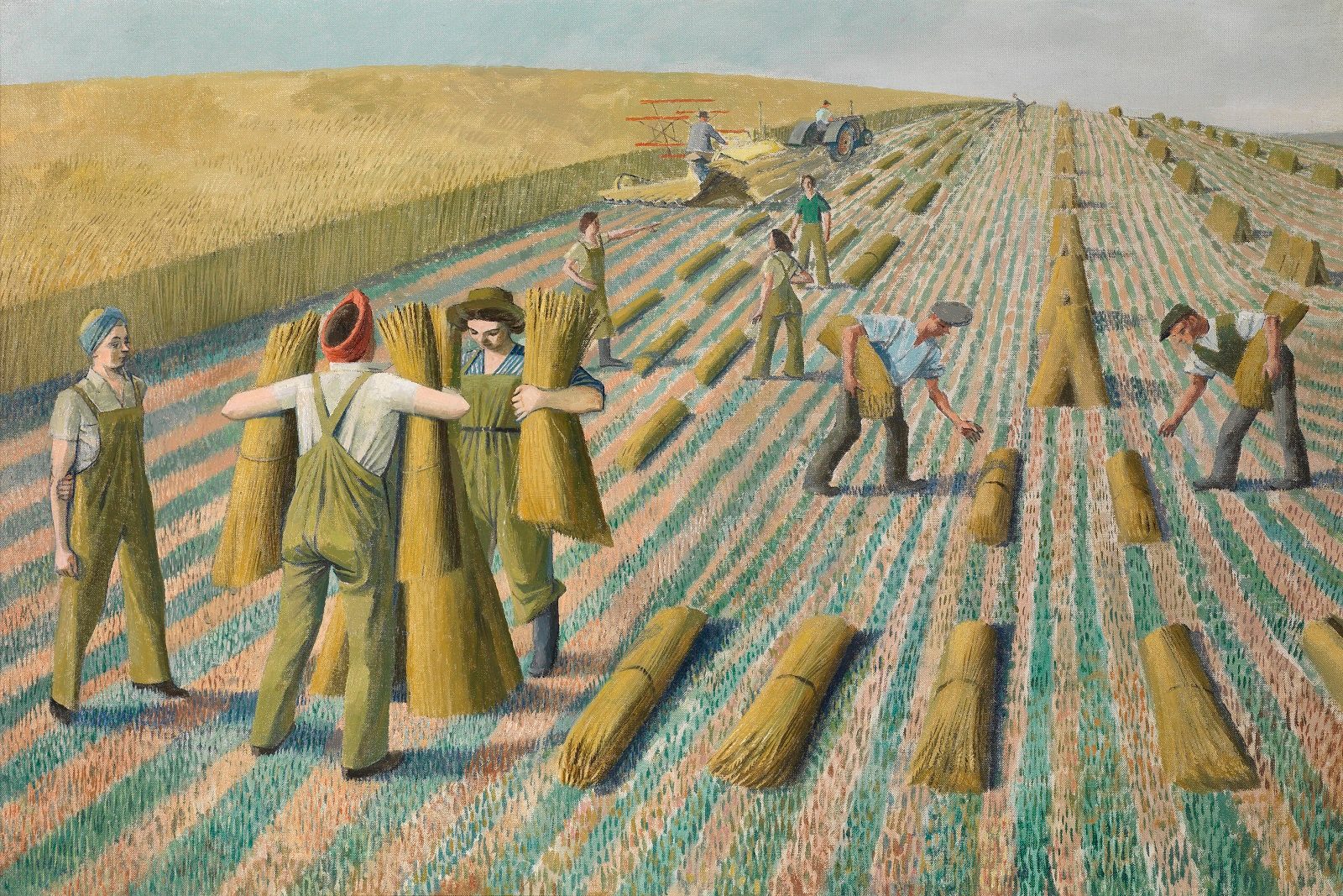 A predominately female group of female land workers stack sheafs of wheat in a field, propping them up together.