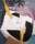 Painting by Gino Severini in cubist style with geometric shapes and patterns. Depicts a full length view of a dancer performing the Can-Can, wearing yellow hose and white petticoats.