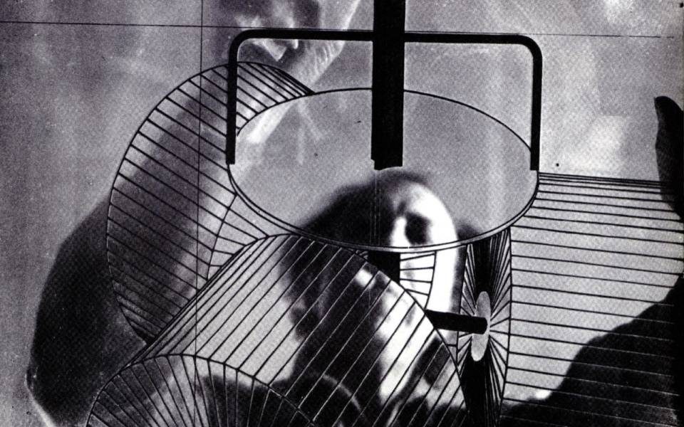 Richard Hamilton working on his reconstruction of Marcel Duchamp's The Large Glass