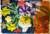 Painting depicting a bunch of colourful flowers with green stems emerging from a white vase in the centre on the picture.