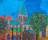 Brightly coloured view of Chichester Cathedral with a teal coloured roof and two trees in full leaf and dotted with pink blossom.