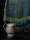 Painting of a white mochaware cider jug, banded with stripes of blue and gold, stood against a blue curtain edged with gold trim.