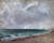 Painting of a beach with two small figures at the shore and wide expanse of blue sea and a grey white sky taking up two thirds of the canvas