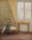 Painting of an attic room with a wicker chair to left with white cushion and white umbrella leaning against it and on left an attic window with a small table sat beneath it. Walls are yellow, window is white and carpet is brown red