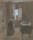 Painting of a room with ned to right and woman to left with back to viewer in front of an open window