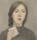 Self-portrait of a woman with dark hair tied back looking outwards with a letter in her right hand held up to her chest