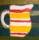 Painting of a patterned jug of red and yellow horizontal stripes on background of light and green horizontal stripes