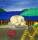 Painting of a skull on a plinth in a landscape