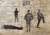 Drawing and collage of 4 men with the same face and different clothing in ball point pen on antique typewritten paper showing a staircase and landing