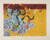 Print showing a god to the left with a muscular blue body stood on a cloud and in the background is a stage with yellow floorboards and a deep red backdrop