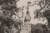 A photograph in black and white of a naked woman from behind standing on a plinth of a statue looking back at the camera
