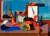 A still life painting of assorted objects including a conch shell in centre, a spool of red ribbon, a blue ribbon a clock in a square frame and some binoculars all on a red table with a steam ship in the back left corner