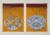 Print with two portrait images next to each other with a cream border between and around. Left image shows a shattered porcelain blue and white dish on a background of a yellow floorboards making a stage with red in the top back and on the right the bowl is whole on the same yellow and red background.