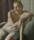 A woman in underclothes sits on a chaise longue, leaning against the armrest one arm crooked over it. She does not meet the viewer's gaze, looking down and off to the side.
